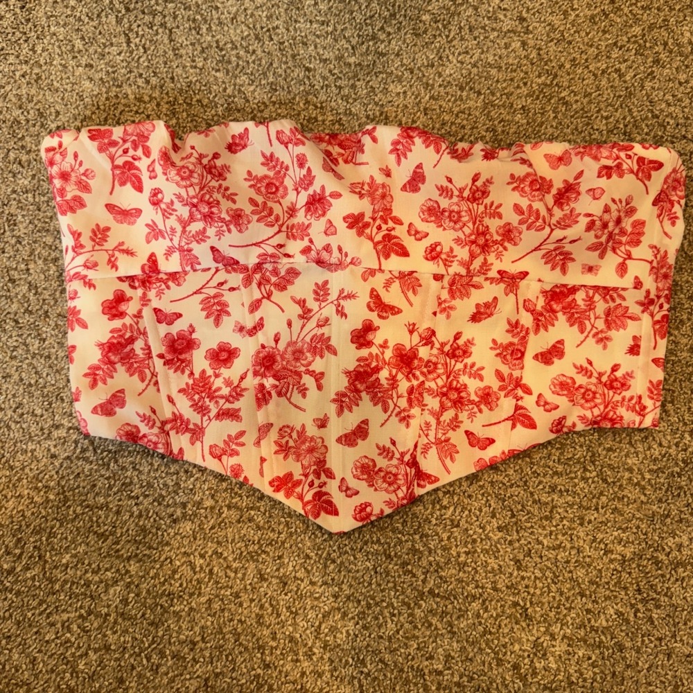 Princess Polly Red White Toile Floral Butterfly Corset Top Sz 8 Strapless Boned